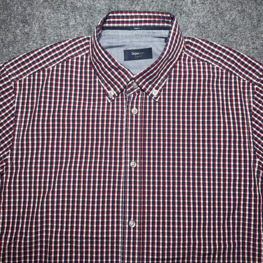 Zegna Sport Red White Plaid Short Sleeve Button Down Men 2XL Shirt Slim Fit XXL